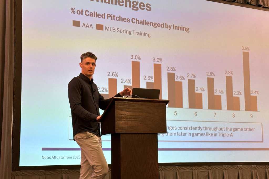MLB Vice President of On-Field Strategy Joe Martinez gives a presentation about the new Automated Ball/Strike system that will be used in regular season games, Thursday, Feb. 12, 2026, in Scottsdale, Ariz.