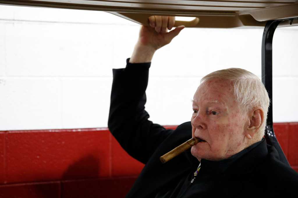 FILE - Former Washington Redskins quarterback Sonny Jurgensen sits in a golf cart in a tunnel before an NFL football game between the Redskins and the San Francisco 49ers, Sunday, Oct. 20, 2019, in Landover, Md. (AP Photo/Alex Brandon, File)