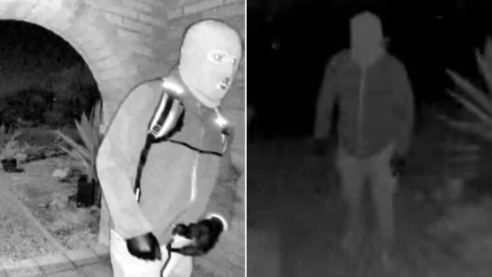The FBI released images from a camera at Nancy Guthrie’s house, showing a person wearing a mask. The left photo shows him wearing a backpack and the right photo — which a source told CNN was taken before February 1 — shows him without the backpack.