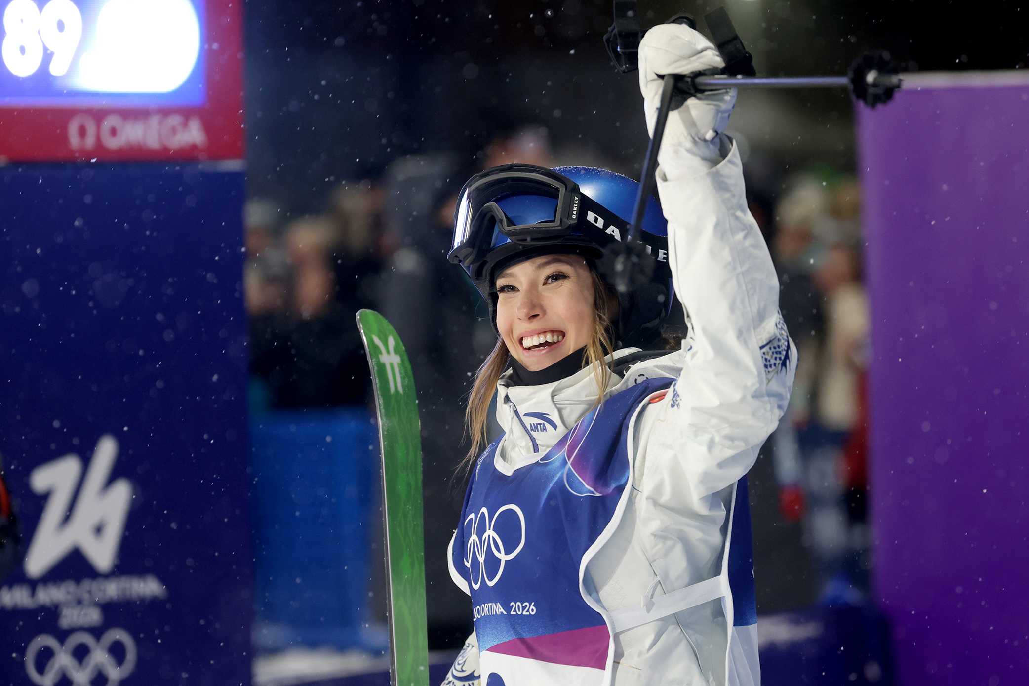 Eileen Gu reacts at the finish on Feb. 16, 2026.