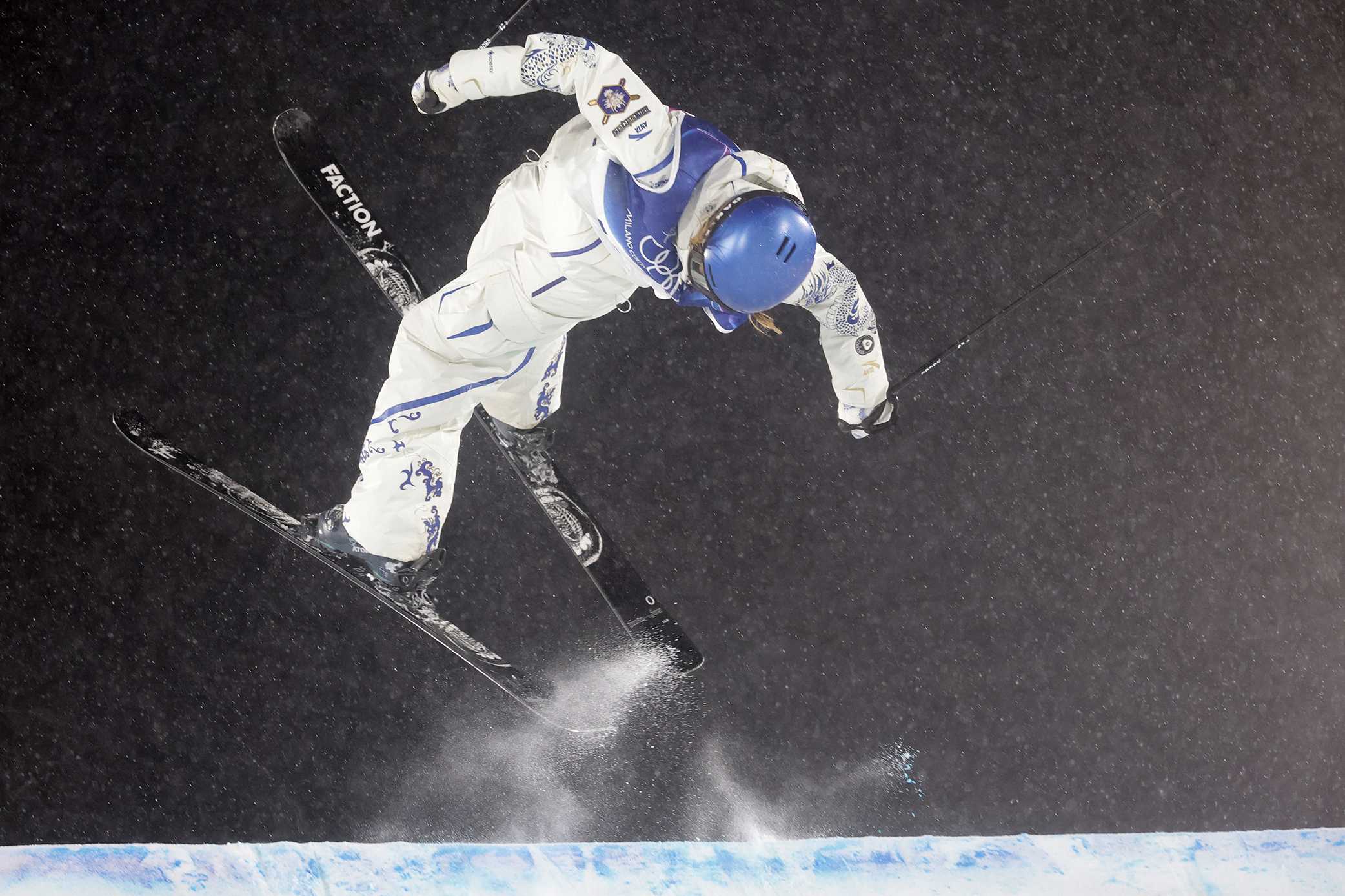 16 February 2026, Italy, Livigno: Olympia, Olympic Winter Games Milan Cortina 2026, Ski Freestyle, Big Air, Women, Final, Livigno Snow Park, Ailing Eileen Gu (China) in action. Photo: Oliver Weiken/dpa (Photo by