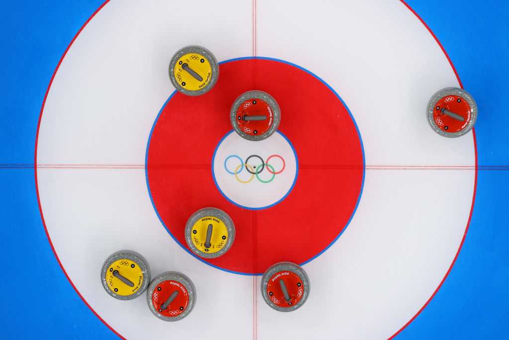 BEIJING, CHINA - JANUARY 30: A view of curling stones on the sheet at the National Aquatics Centre on January 30, 2022 in Beijing, China. Beijing is preparing for the 2022 Winter Olympics which will start on February 4th. (Photo by Richard Heathcote/Getty Images)