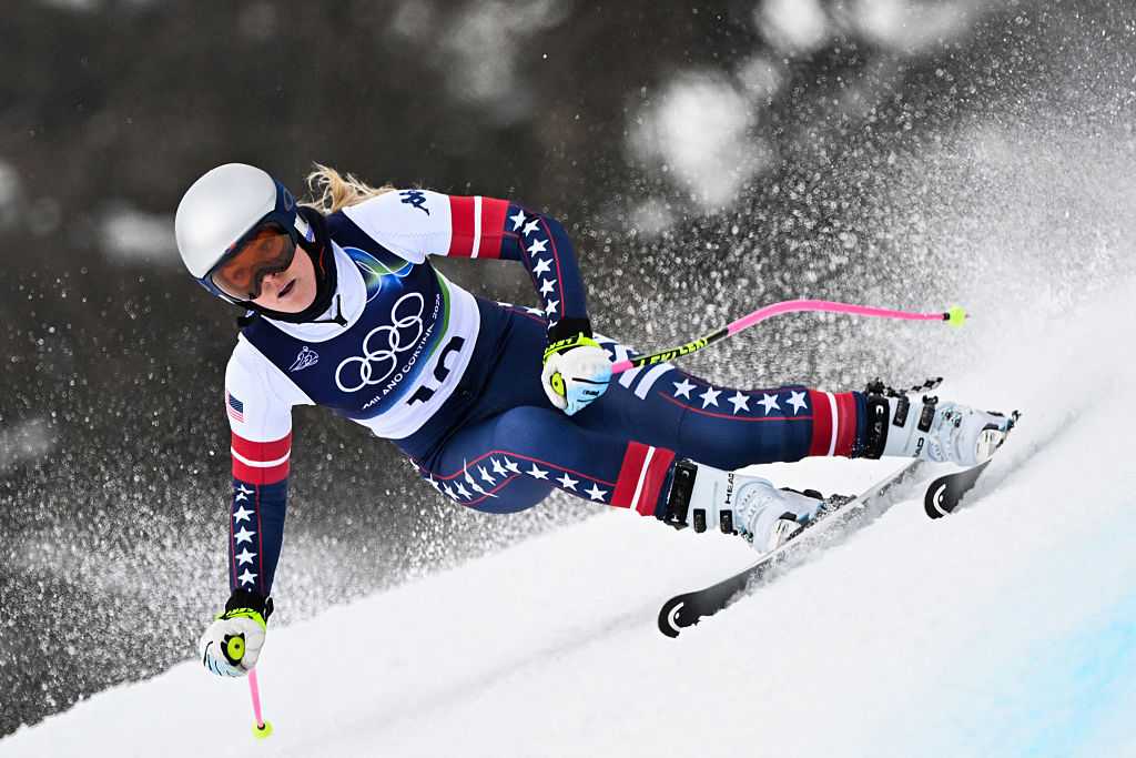 Lindsey Vonn takes part in the second official training for the women's downhill event ahead of the Milano Cortina 2026 Winter Olympic Games at the Tofane Alpine Skiing Centre in Cortina d'Ampezzo on February 6, 2026.