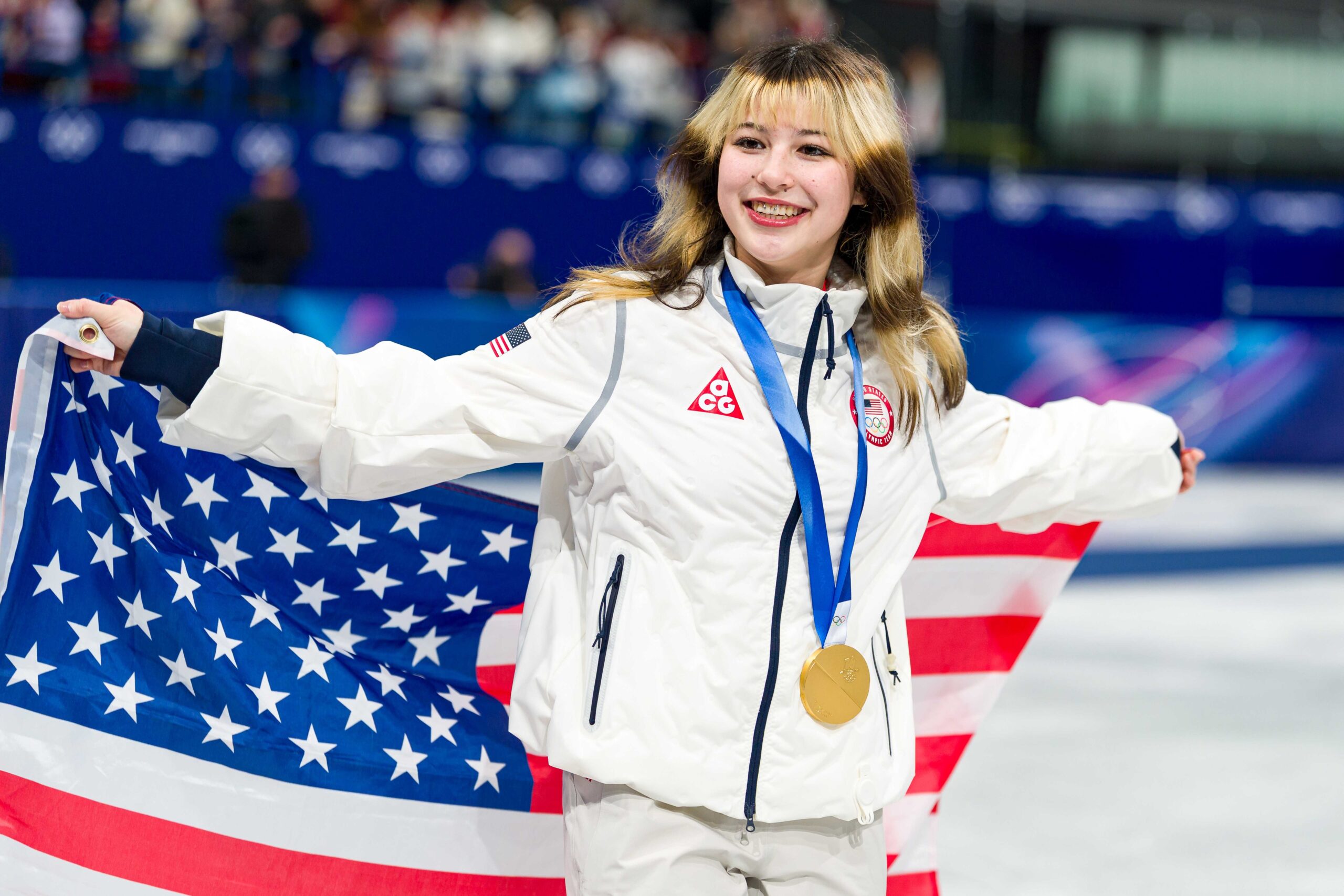 Gold medalist Alyssa Liu of Team United States celebrates after the medal ceremony for the Team Event on day two of the Milano Cortina 2026 Winter Olympic Games at Milano Ice Skating Arena on Feb. 8, 2026, in Milan, Italy.