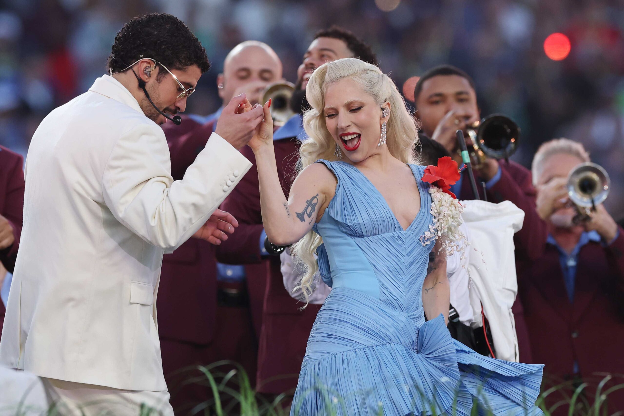 SANTA CLARA, CALIFORNIA - FEBRUARY 08: Bad Bunny and Lady Gaga perform onstage during the Apple Music Super Bowl LX Halftime Show at Levi&amp;apos;s Stadium on February 08, 2026 in Santa Clara, California. (Photo by Kevin C. Cox/Getty Images)