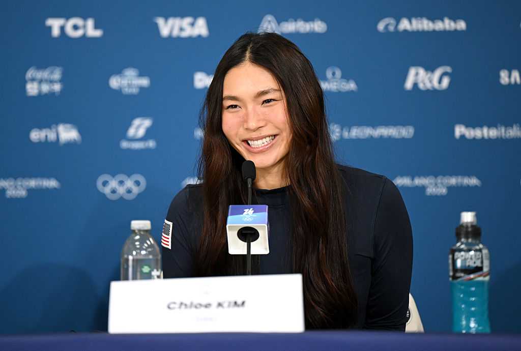 LIVIGNO, ITALY - FEBRUARY 09: Chloe Kim of Team United States speaks during a Team United States Snowboard Halfpipe Press Conference at Livigno Snow Park on February 09, 2026 in Livigno, Italy. (Photo by Hannah Peters/Getty Images)
