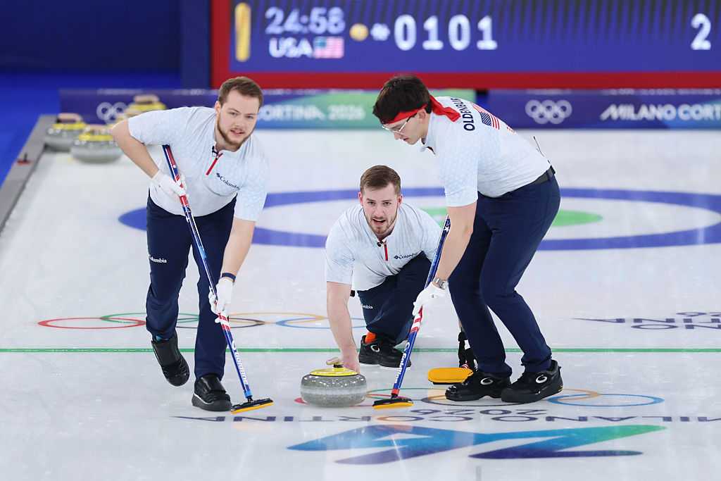 CORTINA D&amp;apos;AMPEZZO, ITALY - FEBRUARY 11: Ben Richardson of Team United States competes alongside Luc Violette of Team United States and Aidan Oldenburg of Team United States during the Men&amp;apos;s Round Robin Session One match between Team Czechia and Team United States on day five of the Milano Cortina 2026 Winter Olympic games at Cortina Curling Olympic Stadium on February 11, 2026 in Cortina d&amp;apos;Ampezzo, Italy. (Photo by Julian Finney/Getty Images)