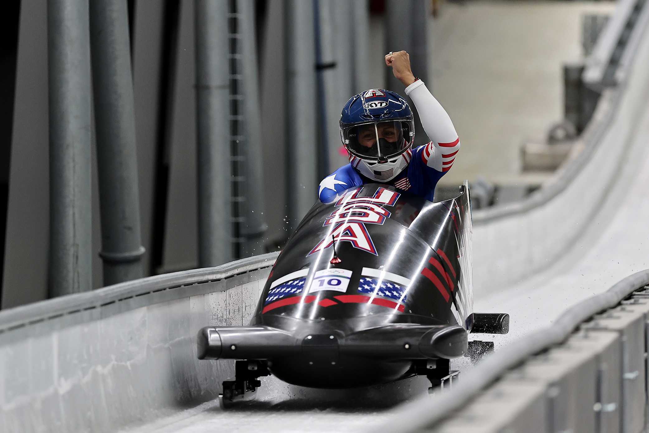Gold medalist Elana Meyers Taylor of Team United States celebrates after winning the Women's Monobob Bobsleigh Heat 4 on day ten of the Milano Cortina 2026 Winter Olympic games at Cortina Sliding Centre on February 16, 2026 in Cortina d'Ampezzo, Italy. (Photo by Carmen Mandato/Getty Images)