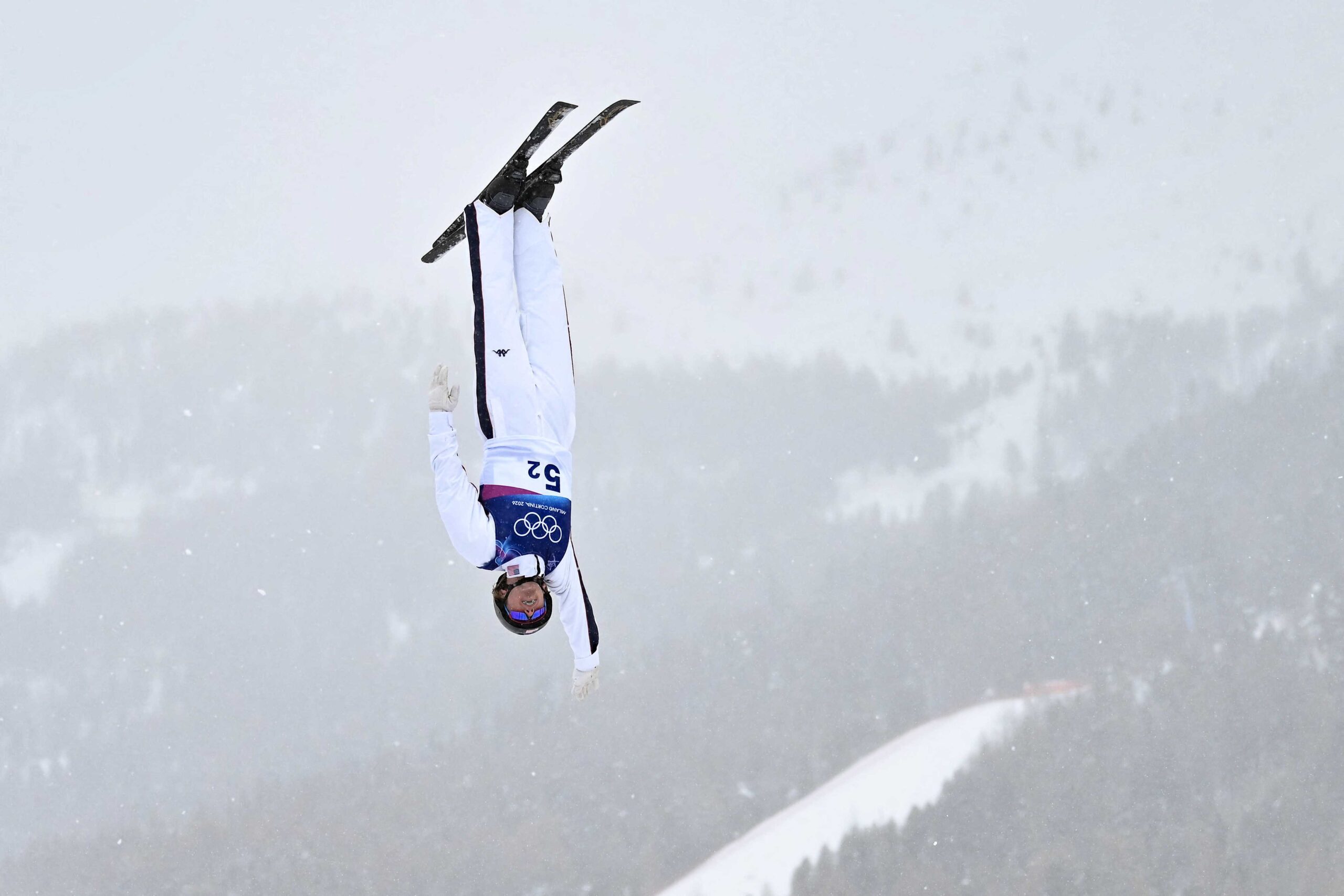 USA's Connor Curran competes in the freestyle skiing mixed team aerials final 1 during the Milan Cortina 2026 Winter Olympic Games at Livigno Aerials and Moguls Park in Livigno on Feb. 21.