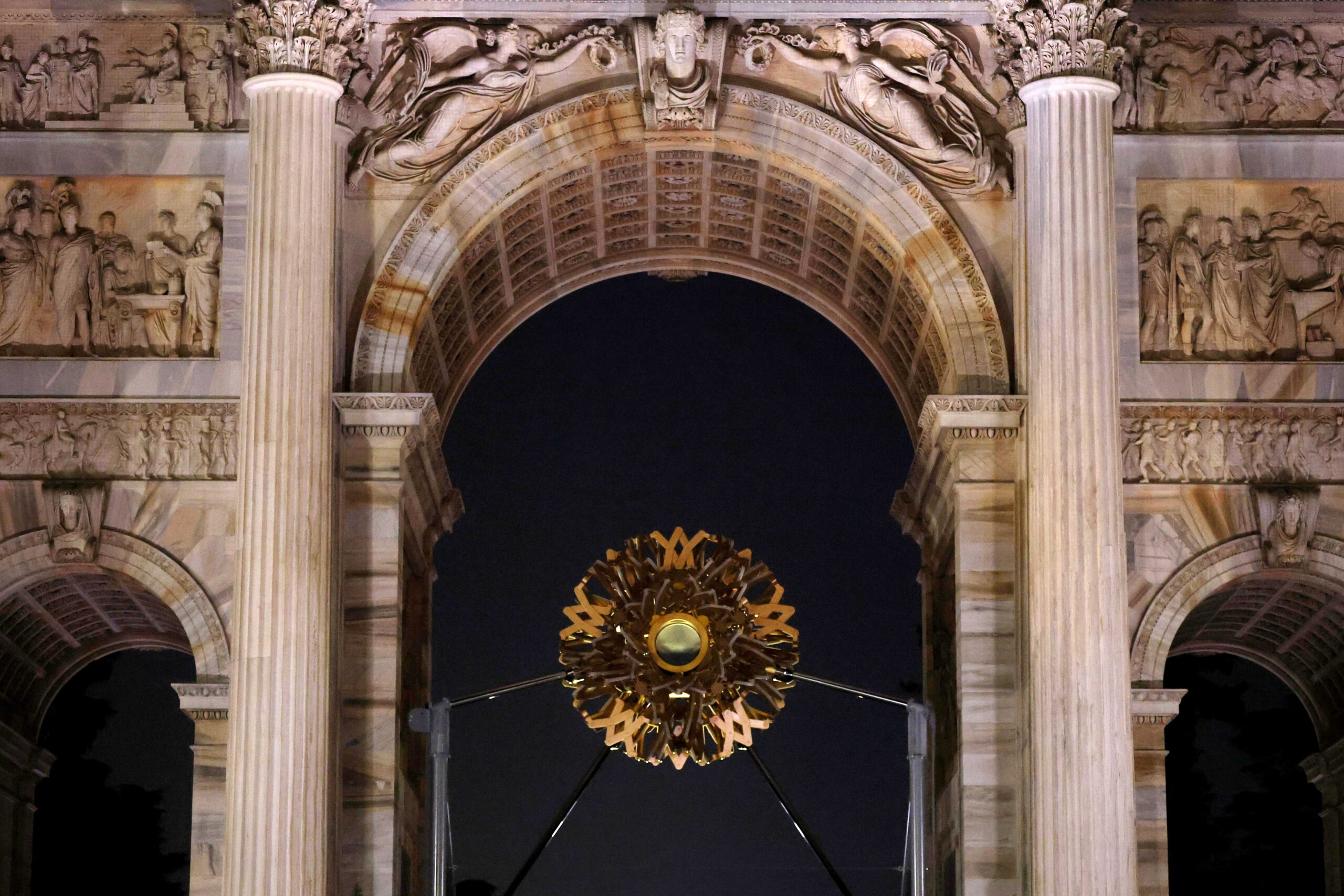 The flame is extinguished from the Olympic Cauldron during the Milano Cortina 2026 Winter Olympics Closing Ceremony on day sixteen of the Milano Cortina 2026 Winter Olympic Games at Arco della Pace on Feb. 22, 2026, in Milan, Italy.
