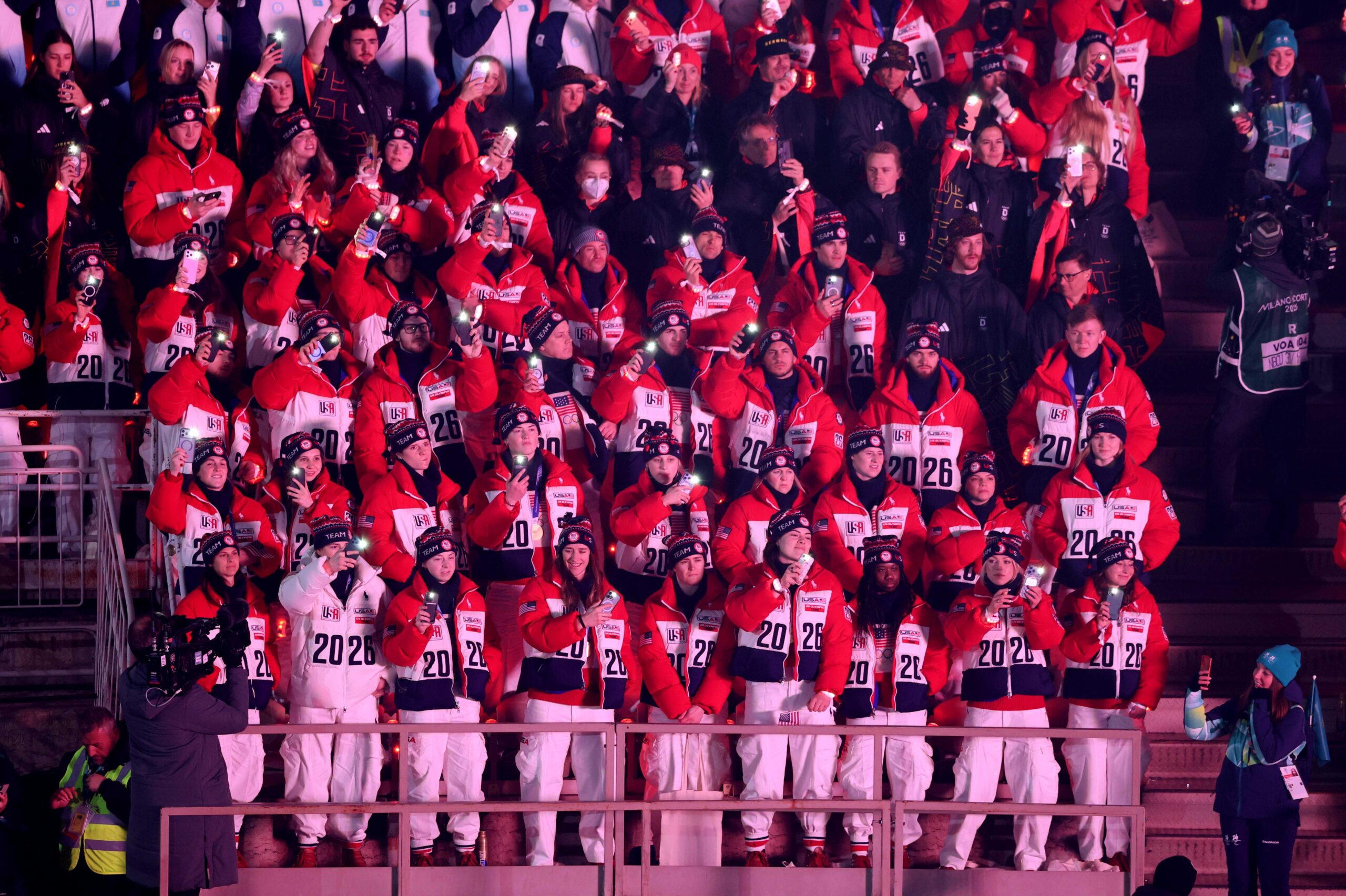 Athletes of Team United States look on during the Milano Cortina 2026 Winter Olympics Closing Ceremony on day sixteen of the Milano Cortina 2026 Winter Olympic games at Verona Olympic Arena on February 22, 2026 in Verona, Italy. (Photo by