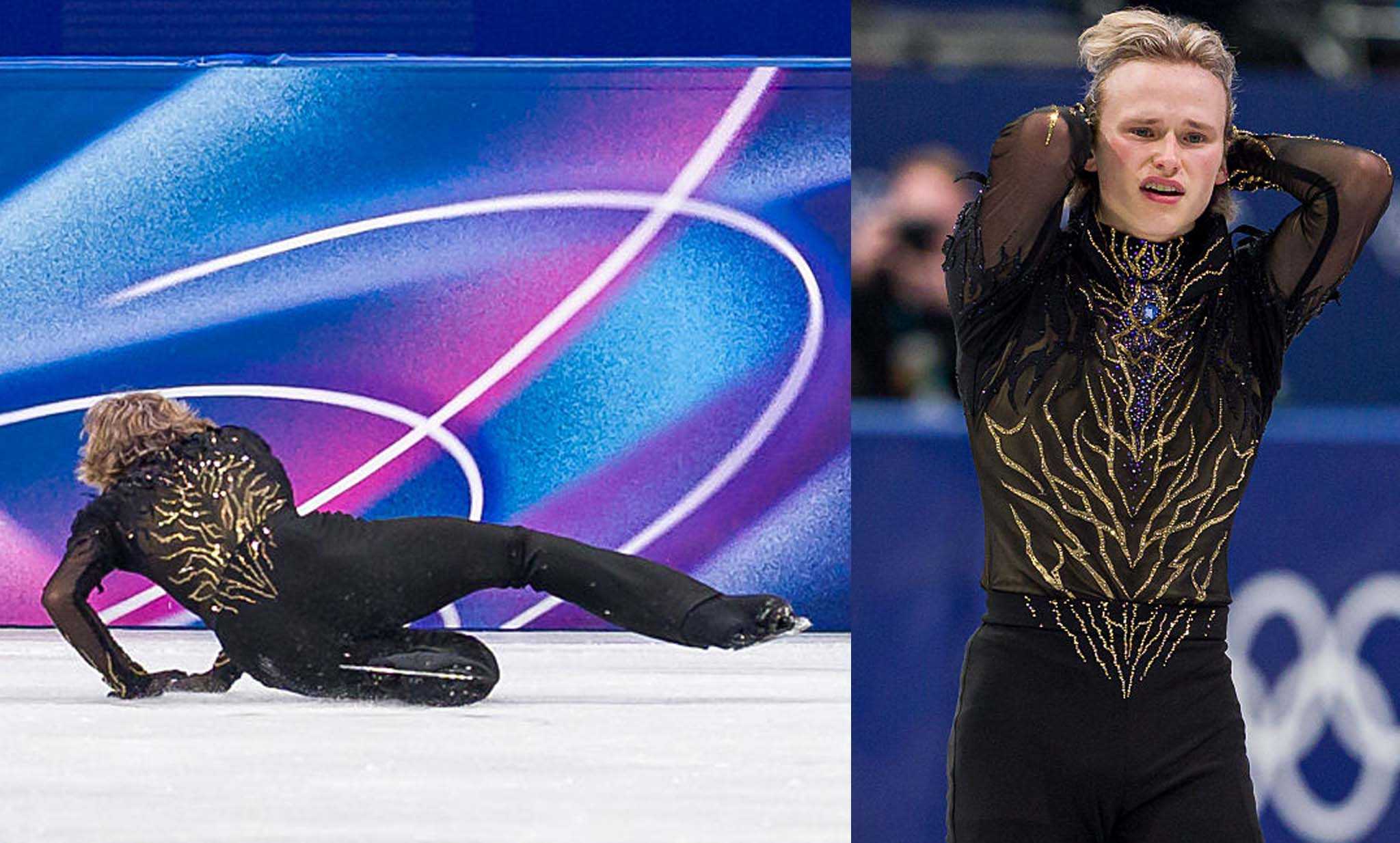 Ilia Malinin of Team United States falls while competing in the Men Single Skating on day seven of the Milano Cortina 2026 Winter Olympic games