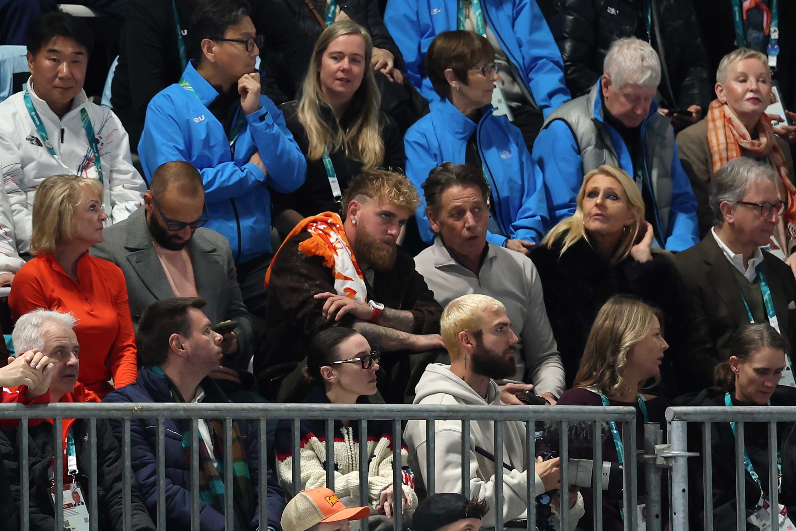 Boxer Jake Paul is seen in the stands speaking with Ruud Leerdam, Jutta Leerdam of Team Netherlands father during Speed Skating Women's 1000m on day three of the Milano Cortina 2026 Winter Olympic Games at Milano Speed Skating Stadium on Feb. 9, 2026, in Milan, Italy.
