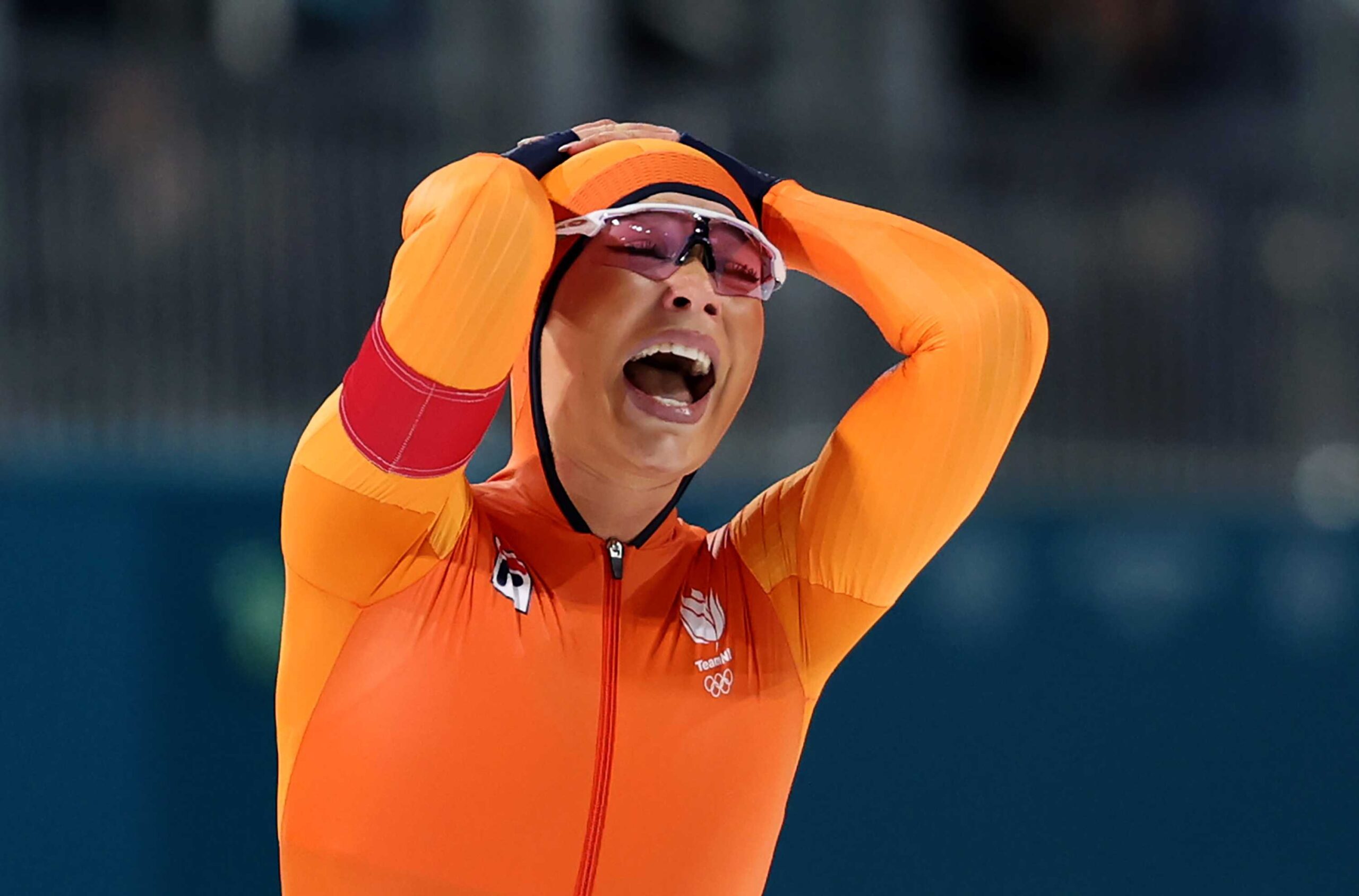 Jutta Leerdam of Team Netherlands celebrates after breaking the Olympic record during Speed Skating Women's 1000m on day three of the Milano Cortina 2026 Winter Olympic Games at Milano Speed Skating Stadium on Feb. 9, 2026, in Milan, Italy.