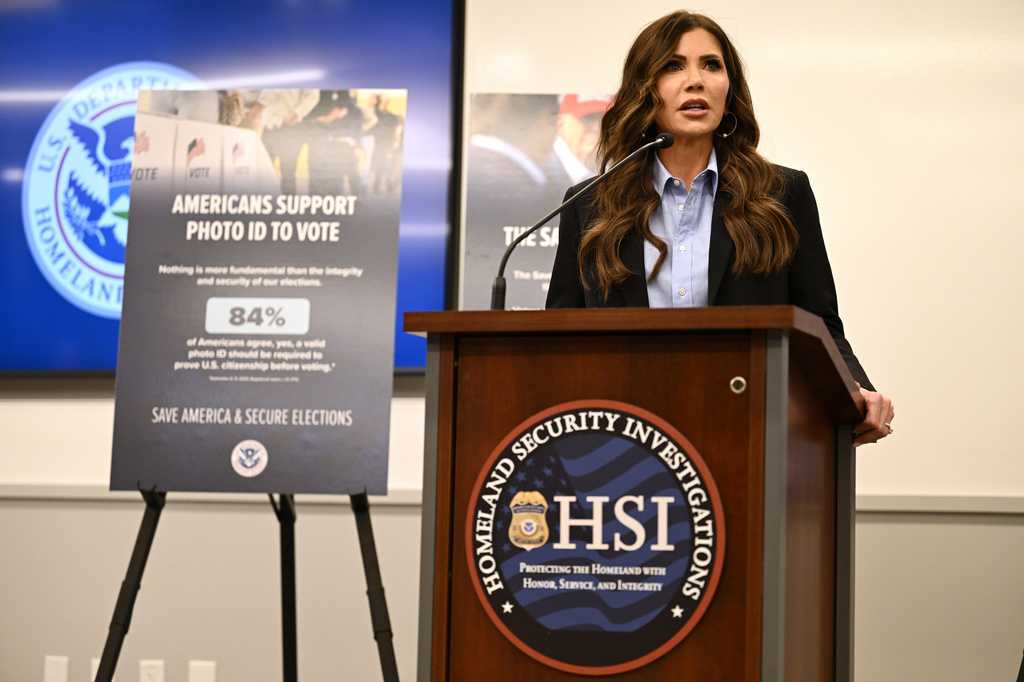Homeland Security Secretary Kristi Noem speaks to press Friday, Feb. 13, 2026, in Scottsdale, Ariz.
