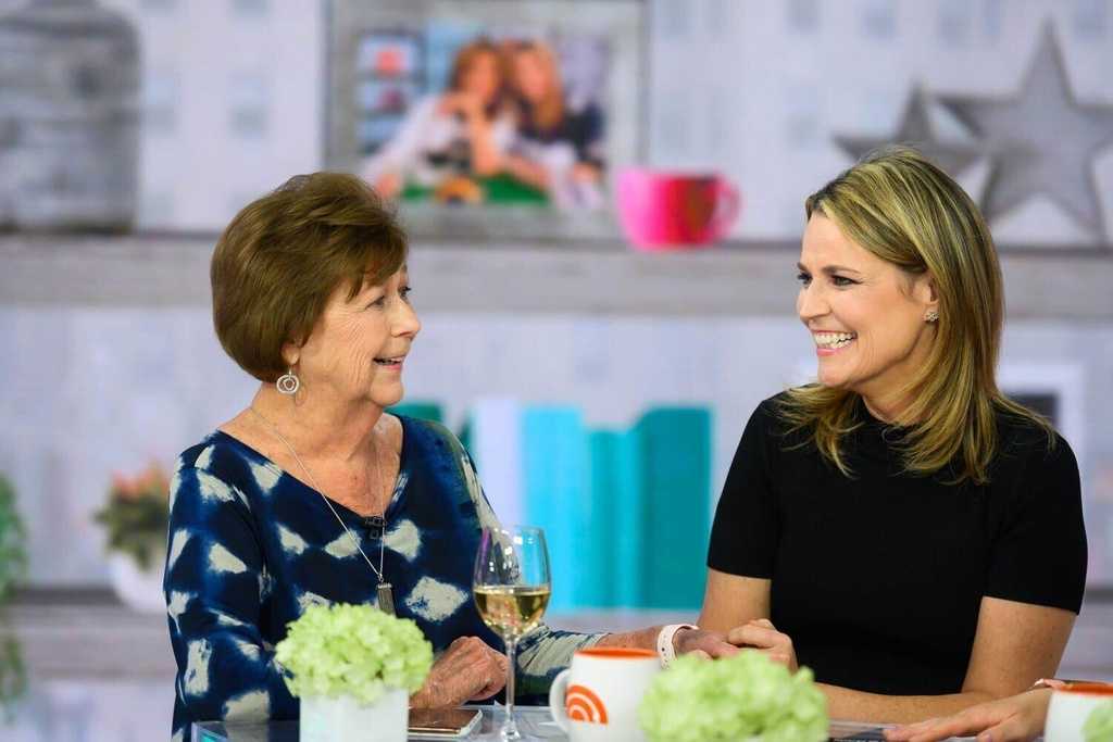 In this image provided by NBCUniversal, Savannah Guthrie, right, her mom Nancy speak, Wednesday, April 17, 2019, in New York.