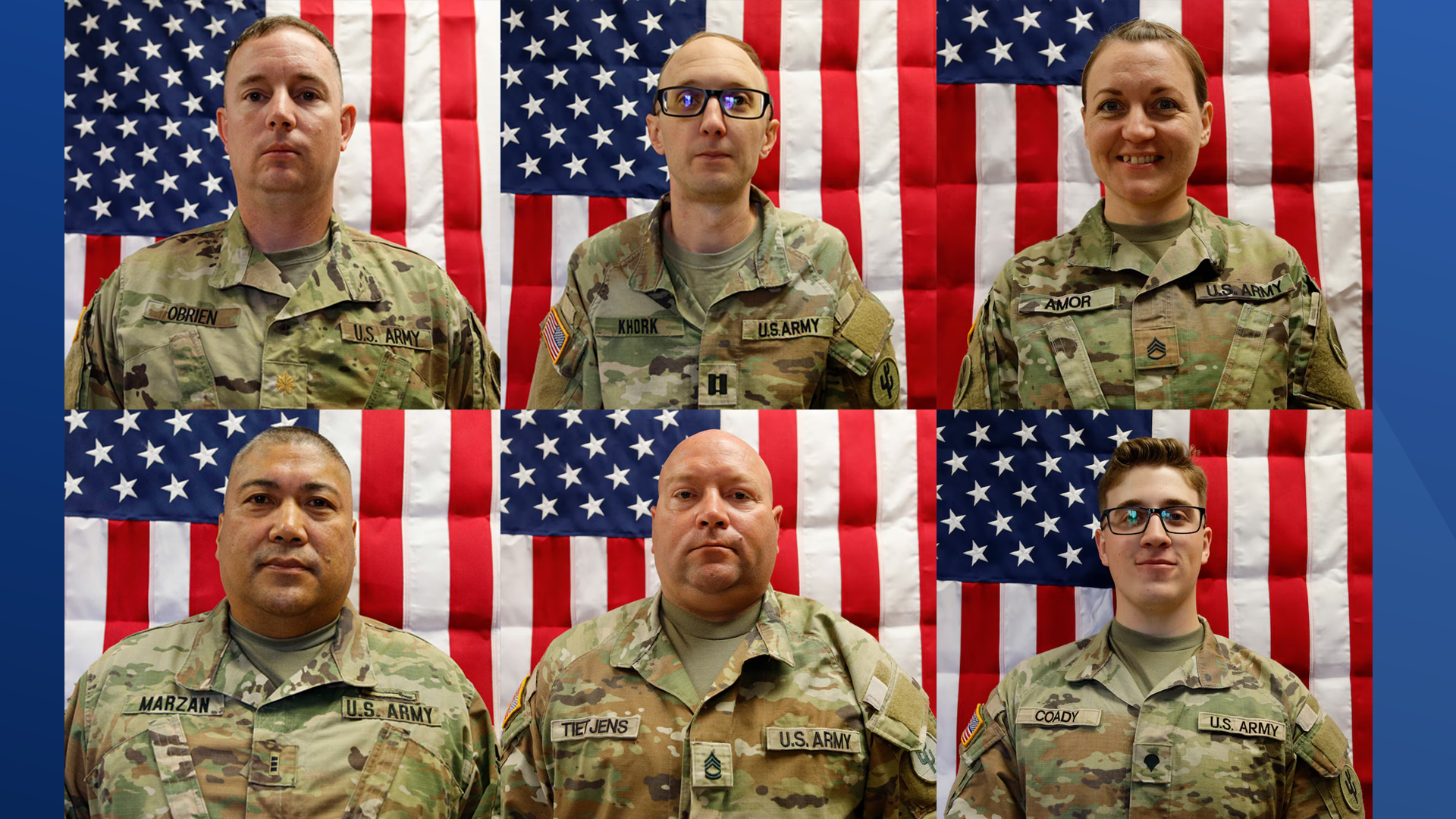 From top left: Maj. Jeffrey O'Brien, Capt. Cody Khork, Sgt. 1st Class Nicole Amor, Chief Warrant Officer 3 Robert M. Marzan, Sgt. 1st Class Noah Tietjens and Sgt. Declan Coady.