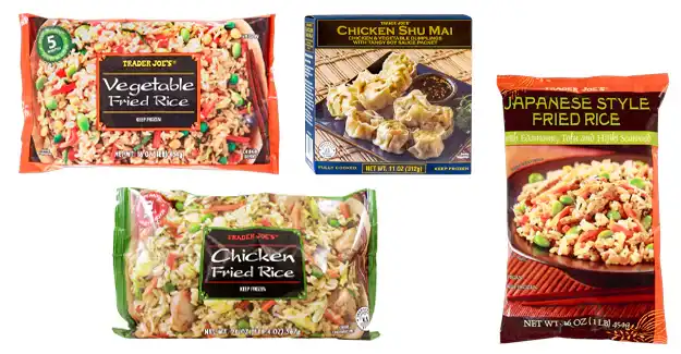four trader joe's frozen products in packages trader joe's vegetable fried rice, trader joe's chicken shu mai, trader joe's chicken fried rice, trader joe's japanese style fried rice