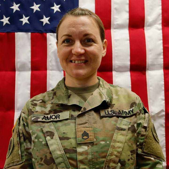Sgt. 1st Class Nicole Amor, from White Bear Lake, Minnesota, enlisted as an automated logistics specialist in the National Guard in 2005. She transferred to the Army Reserve a year later and deployed to Kuwait and Iraq in 2019.