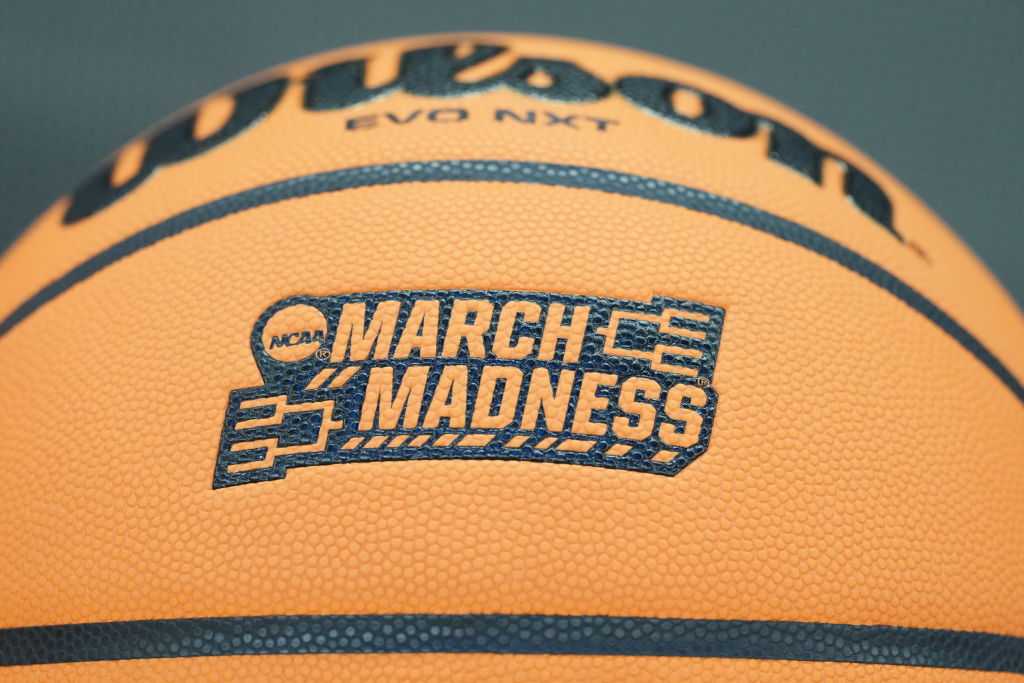 The March Madness logo shown on a Wilson basketball during NCAA Basketball Tournament