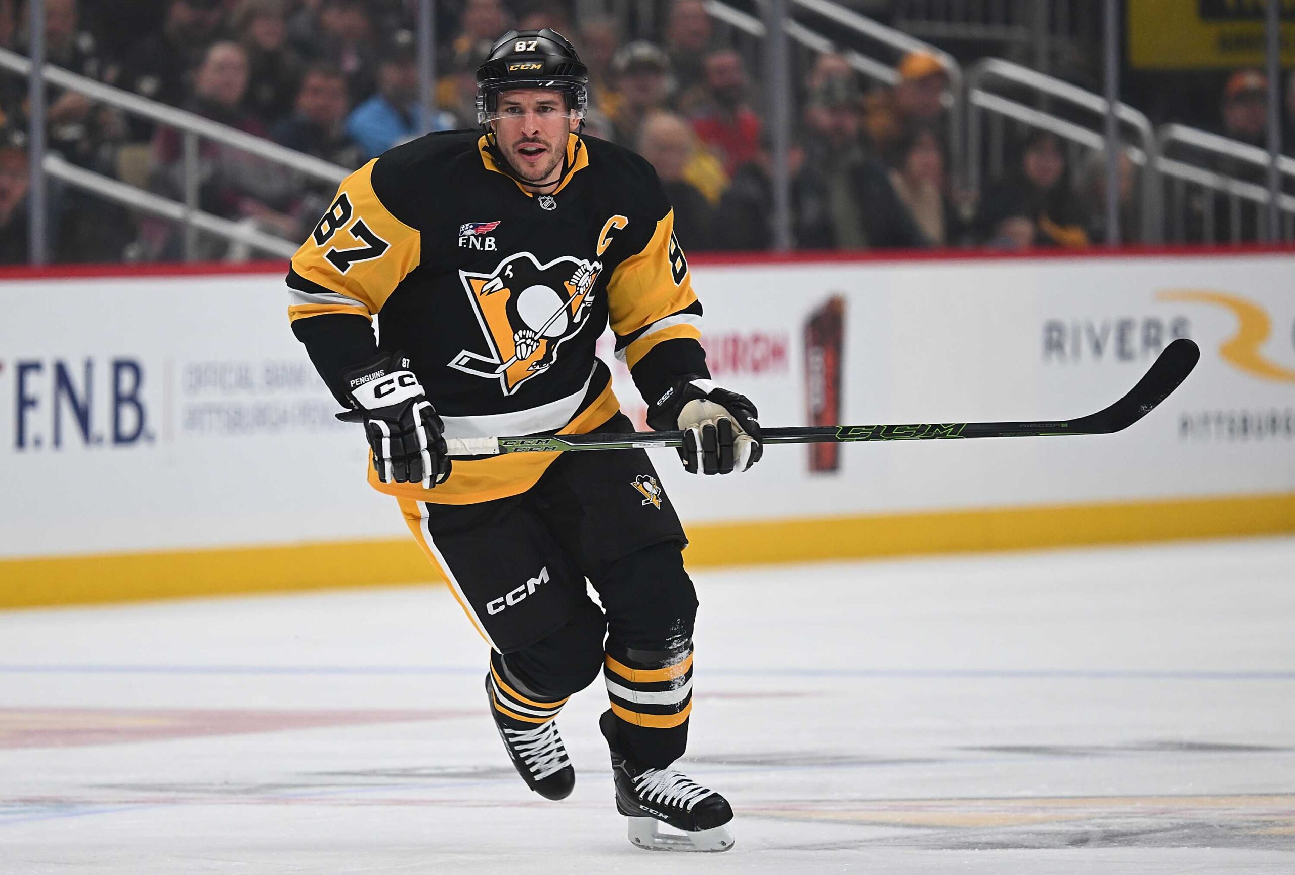 Sidney Crosby #87 of the Pittsburgh Penguins skates in the first period during the game against the Columbus Blue Jackets at PPG PAINTS Arena on Oct. 25, 2025, in Pittsburgh, Pennsylvania.