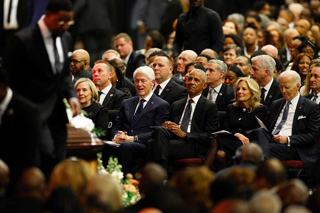 (l/R) Former US Secretary of State Hillary Clinton, former president Bill Clinton, former president Barack Obama, former first lay Jill Biden and former president Joe Biden attend a public memorial service to celebrate the life of civil rights activist Reverend Jesse Jackson in Chicago, Illinois, on March 6, 2026. Veteran US civil rights activist Reverend Jesse Jackson, one of the nation&amp;apos;s most influential Black voices, died peacefully on February 17, 2026 at the age of 84. Jackson, a Baptist minister, had been a civil rights leader since the 1960s, when he marched with Martin Luther King Jr. and helped fundraise for the cause. (Photo by Kamil Krzaczynski / AFP via Getty Images)