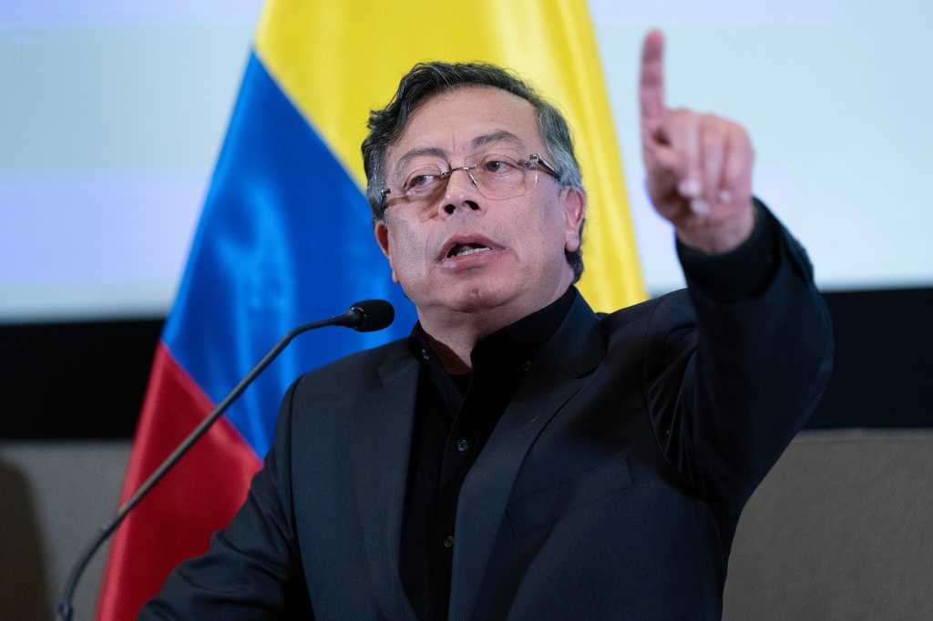 FILE - Colombia&amp;#39;s President Gustavo Petro speaks during a news conference at the Colombian embassy in Washington, Feb. 3, 2026.