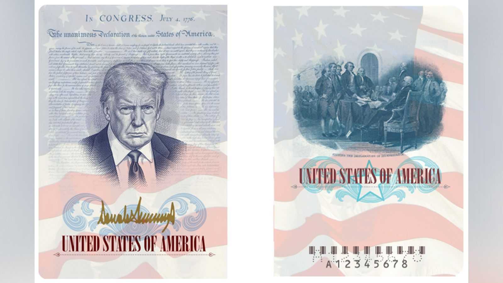 This rendering shows a US passport with President Donald Trump’s image on the inside.