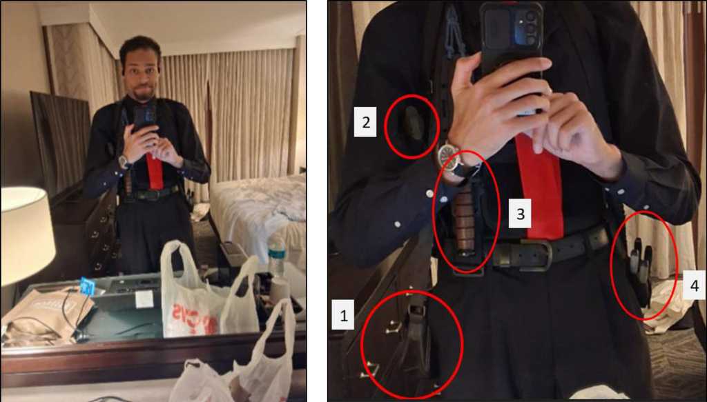 This image contained in a court filing by the Department of Justice, April 29, 2026, shows Cole Tomas Allen, left,  inside his hotel room, on Saturday, April 25, 2026 in Washington, using his cellphone to take a photograph of himself in the mirror. An enhanced version of the image is right. (Department of Justice via AP)