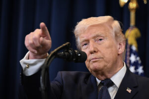 President Donald Trump speaks to reporters during a news conference in Doral, Florida, on March 9, 2026. Trump spoke about his administration's strikes on Iran. (Photo by Roberto Schmidt/Getty Images)&nbsp;