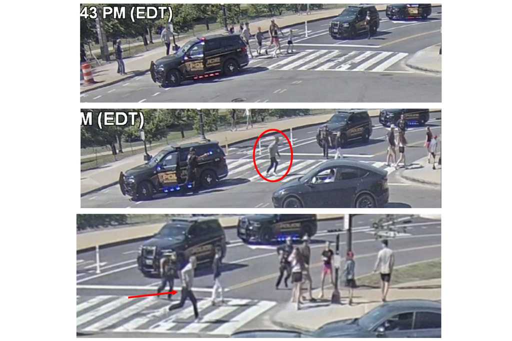 This series of images provided by the Justice Department, and annotated by the source, contained in the statement of facts supporting the arrest warrant for Michael Marx, shows Marx running across the street as U.S. Secret Service agents approach and then starting to draw a weapon, near the Washington Monument, Monday, May 4, 2026 in Washington. (Justice Department via AP)
