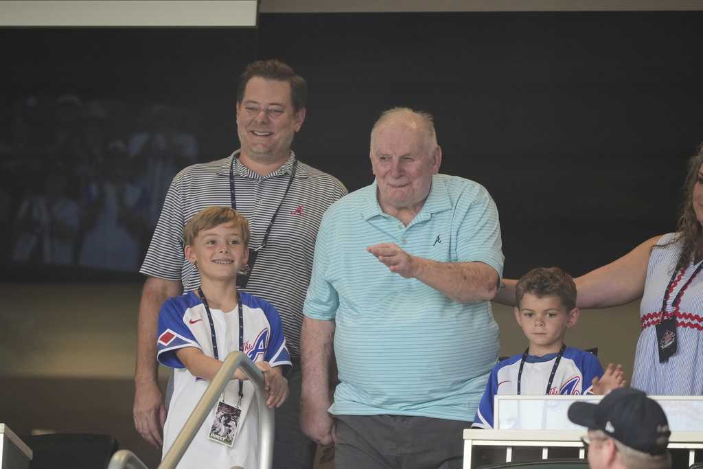 Former Atlanta Braves manager Bobby Cox waves to the crowd before a baseball game Friday, Aug. 22, 2025, in Atlanta.