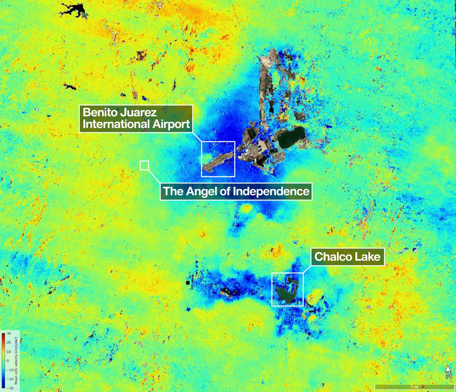 A map of land subsidence in Mexico City using data from the NISAR mission captured between Oct. 25, 2025, and Jan. 17, 2026. The dark blue color indicates areas found to be sinking by more than a half-inch per month. The Angel of Independence has had 14 steps added to its base over the years as the land around it has sunk.