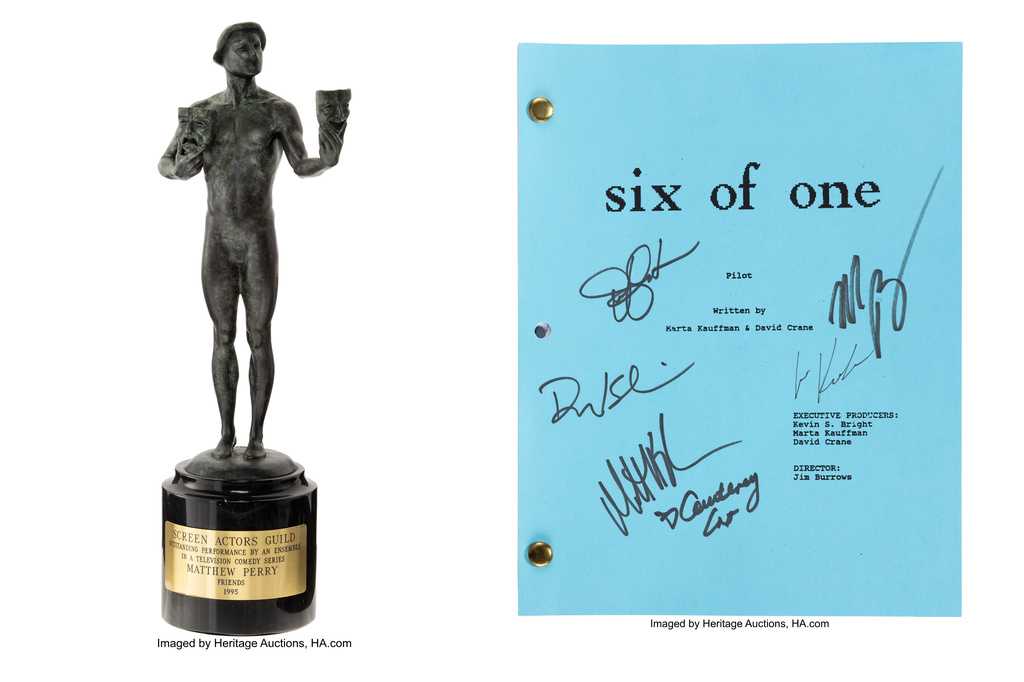 This combination of photos released by Heritage Actions show a Screen Actors Guild Award belonging to Matthew Perry, left, and a cast-autographed copy of the pilot episode of the comedy series &amp;quot;Friends.&amp;quot; (Heritage Auctions via AP)