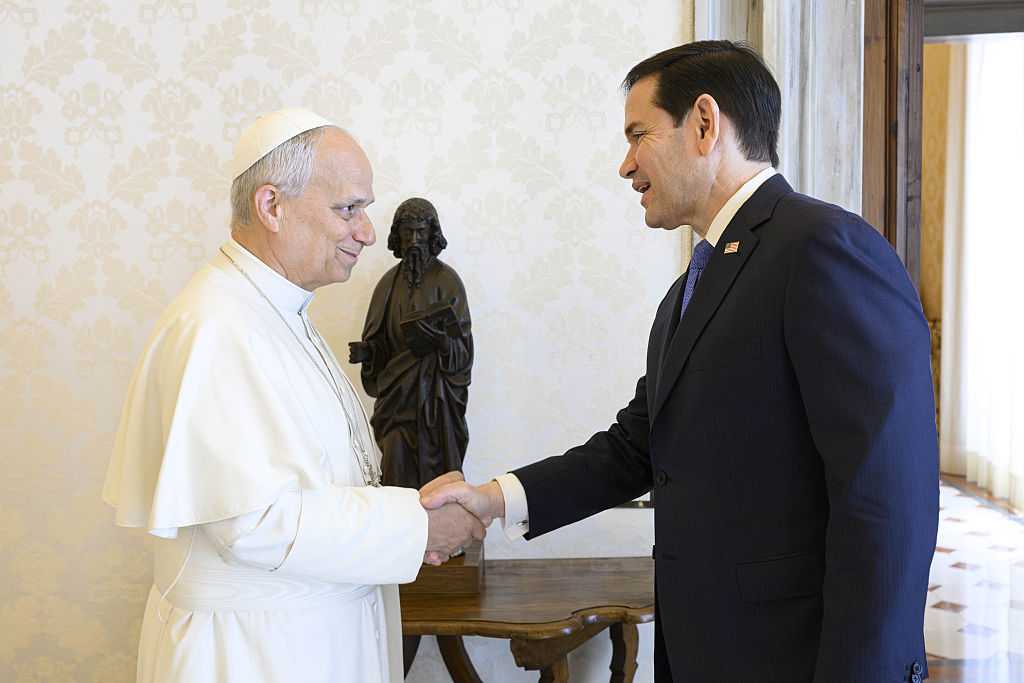 Pope Leo XIV meets with U.S. Secretary Of State Marco Rubio during an audience at the Apostolic Palace on May 07, 2026 in Vatican City.