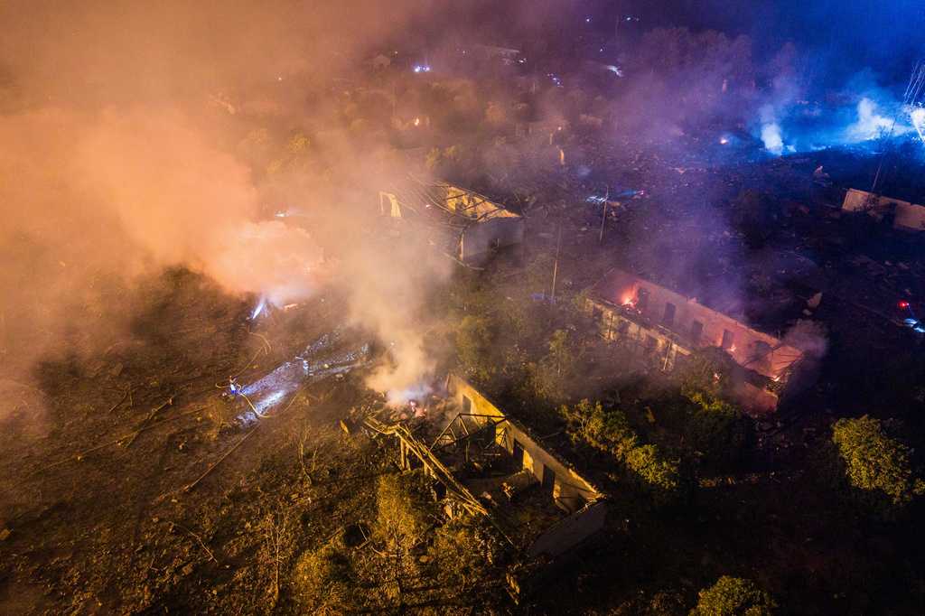 In this photo released by Xinhua News Agency, this aerial drone photo taken in the early hours of May 5, 2026, rescuers work on site after an explosion at a fireworks plant in Guandu Town of Liuyang, central China&amp;#39;s Hunan Province.