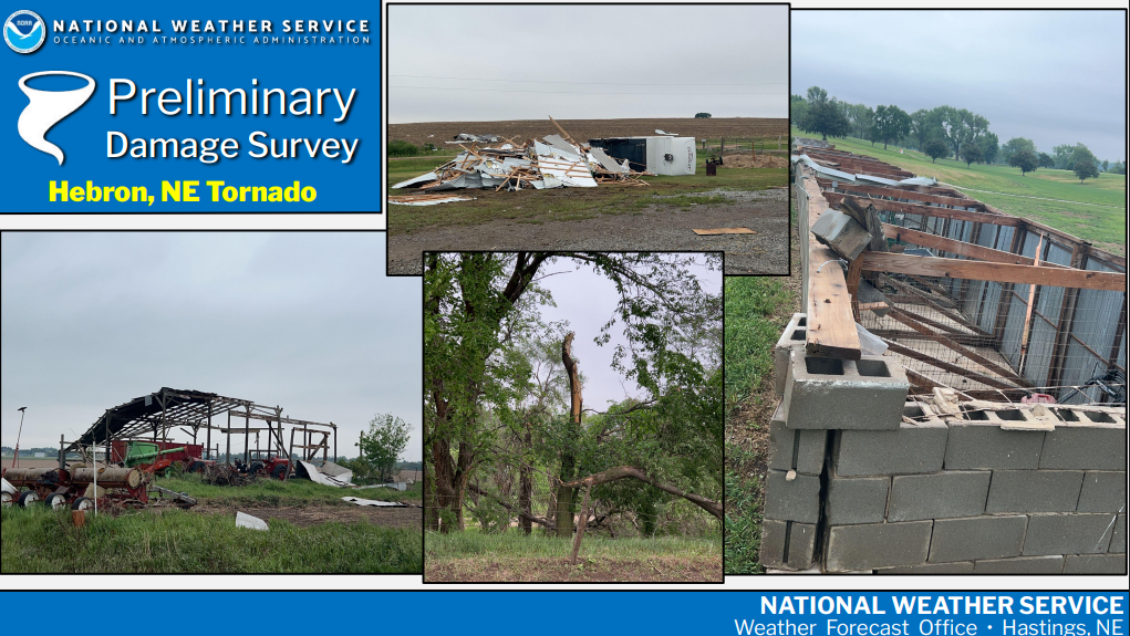 Tornado damage in Hebron, NE on May 17, 2026