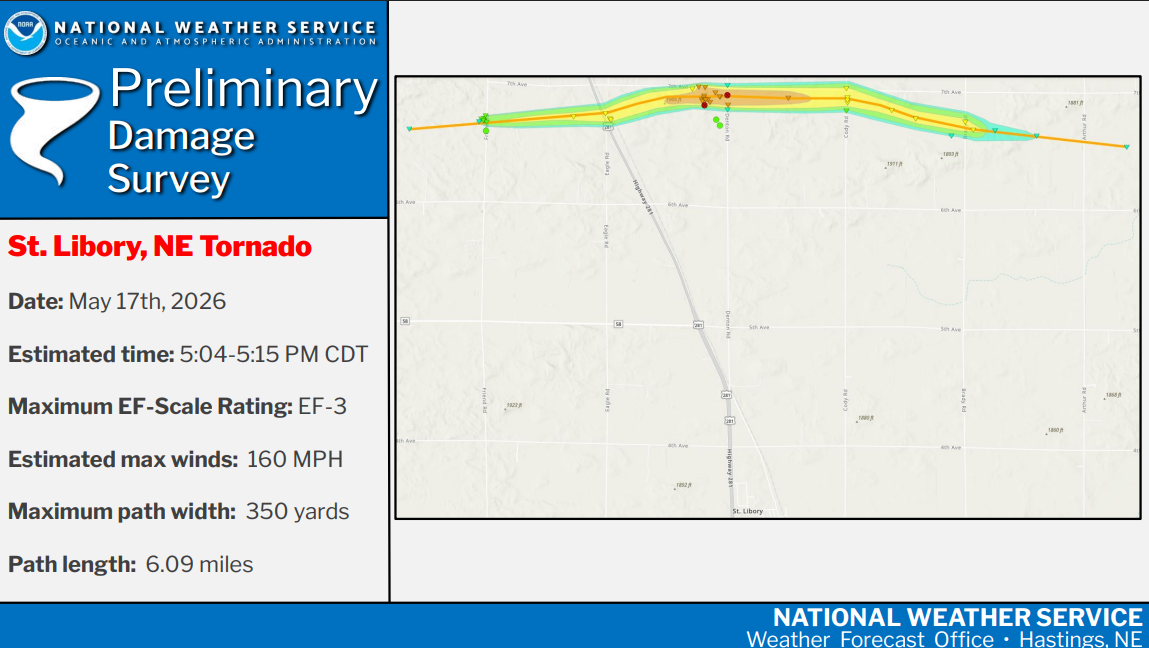 St Libory, NE tornado track on May 17, 2026
