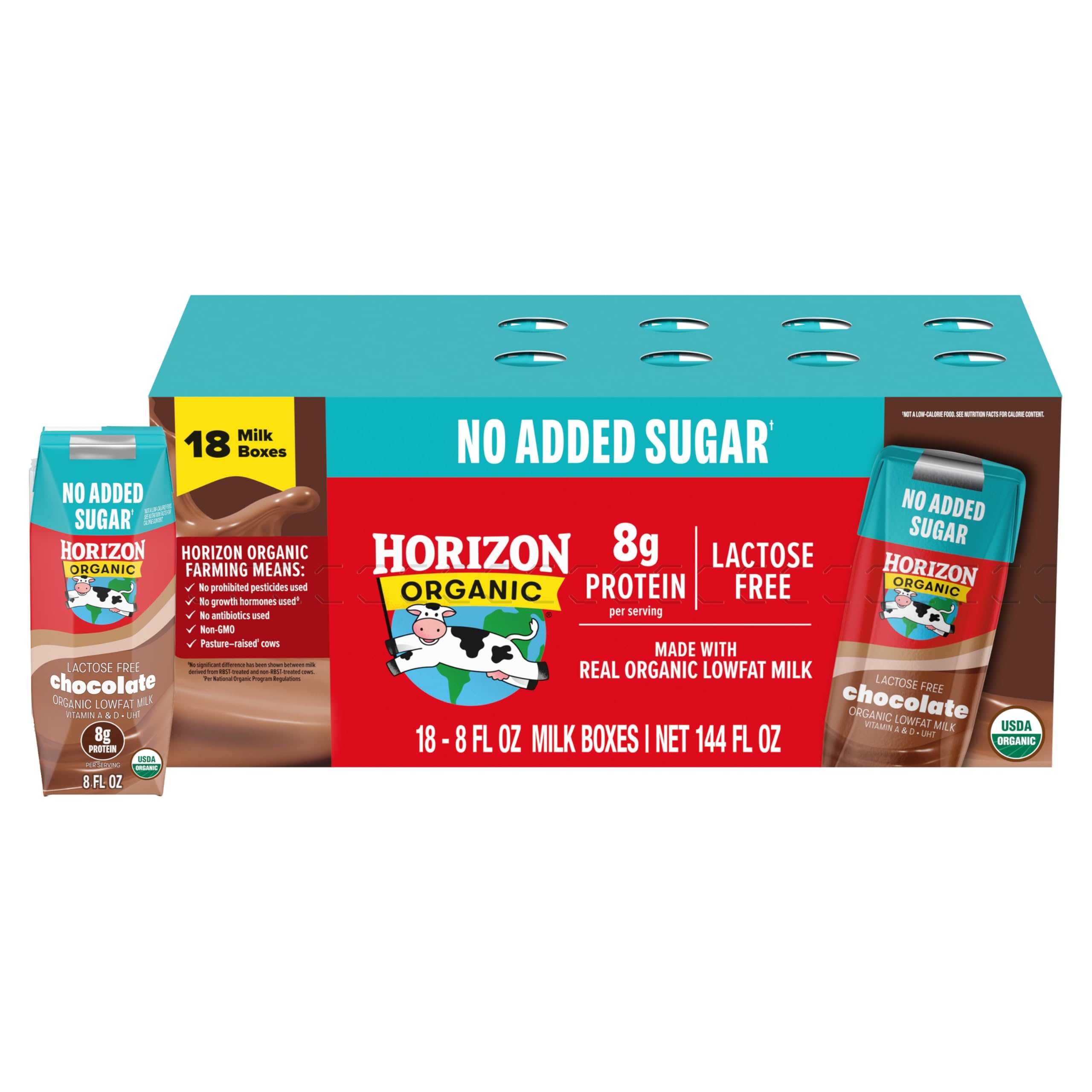 NEW Horizon Organic Shelf Stable No Added Sugar Lactose Free 1% Lowfat Chocolate Milk Boxes, Pack of 18-8g Protein per Serving NEW Horizon Organic Shelf Stable No Added Sugar Lactose Free 1% Lowfat Chocolate Milk Boxes, Pack of 18-8g Protein per Serving